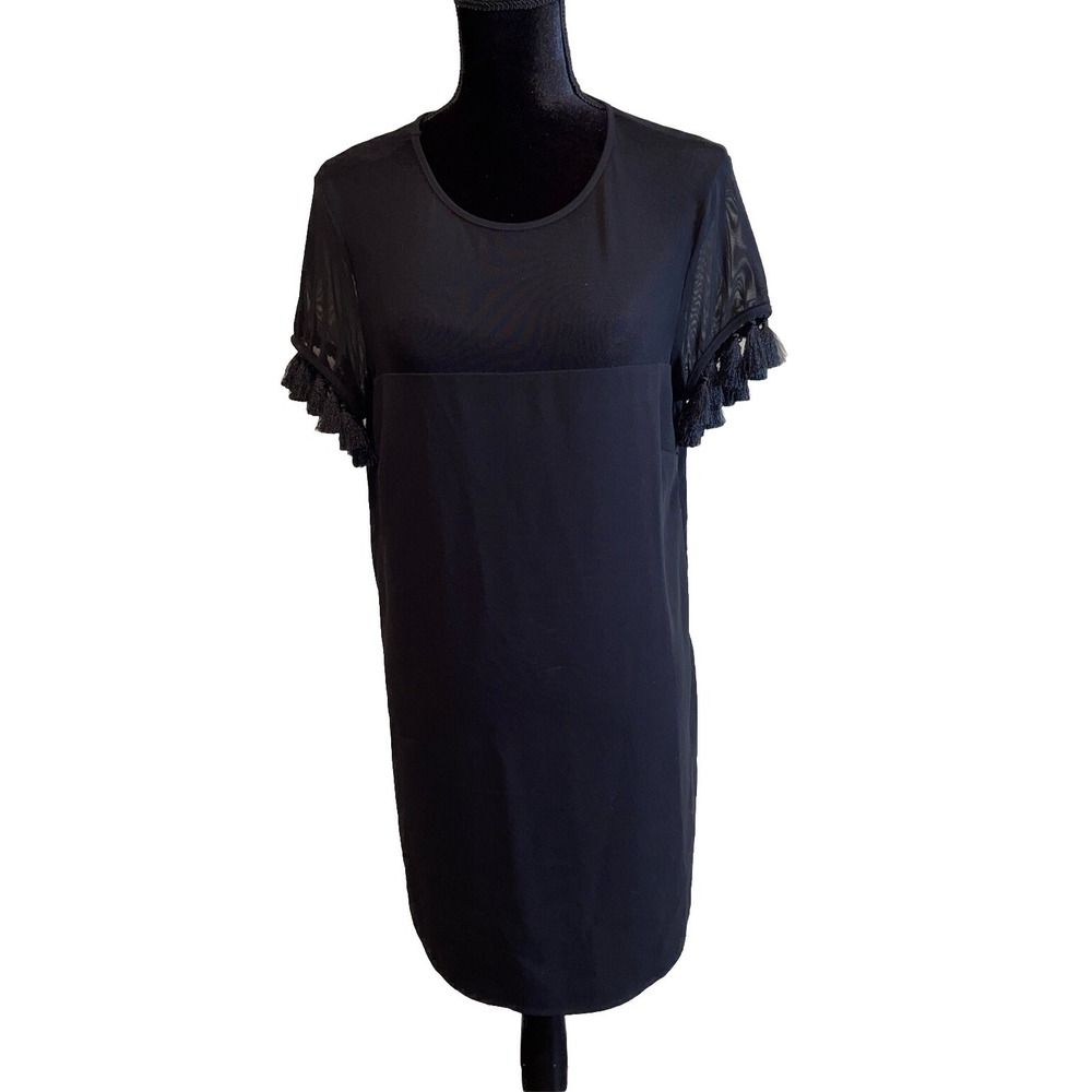 Lulus Womens Large Shift Dress Iced Latte Black Mesh Tassel Sleeve Mini Event